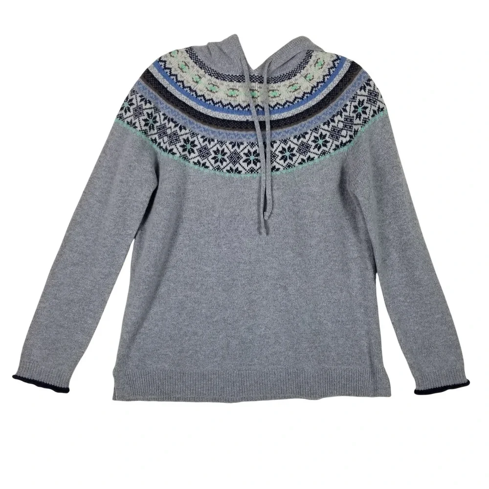 Tabitha Webb Hooded Sweater Women Medium Grey Fair Isle Wool Blend Pullover